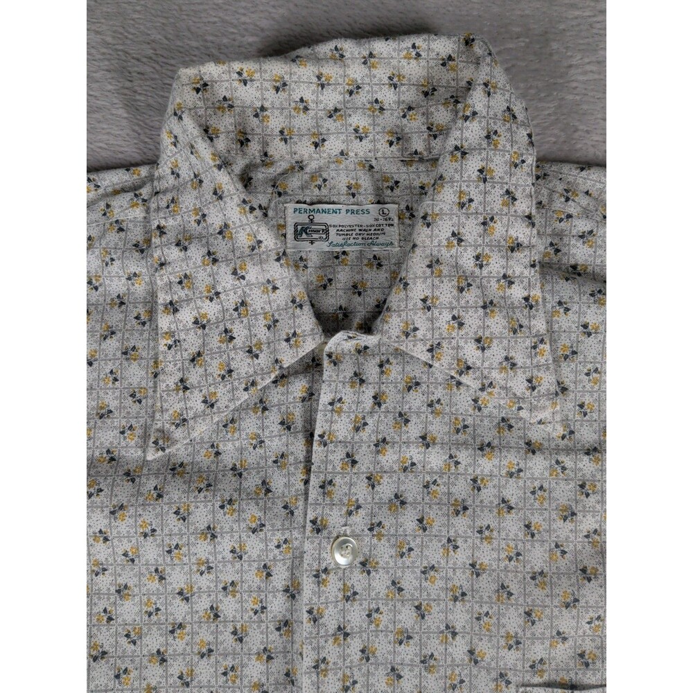 Vintage 70s KMart Shirt Mens Large Floral Plaid Dagger Collar Permanent Press 16